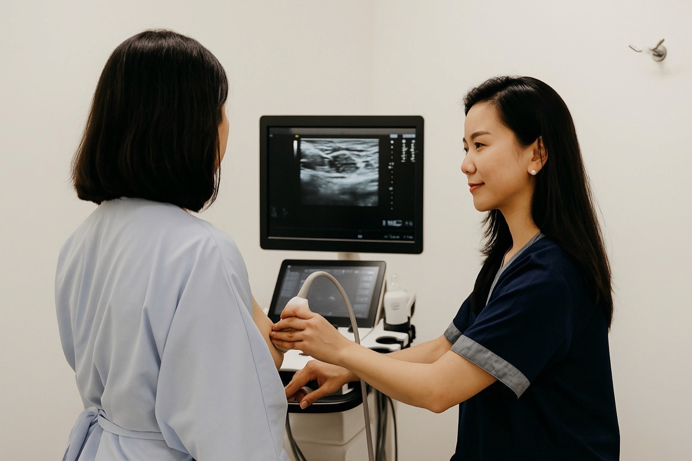 Breast ultrasound examination in progress